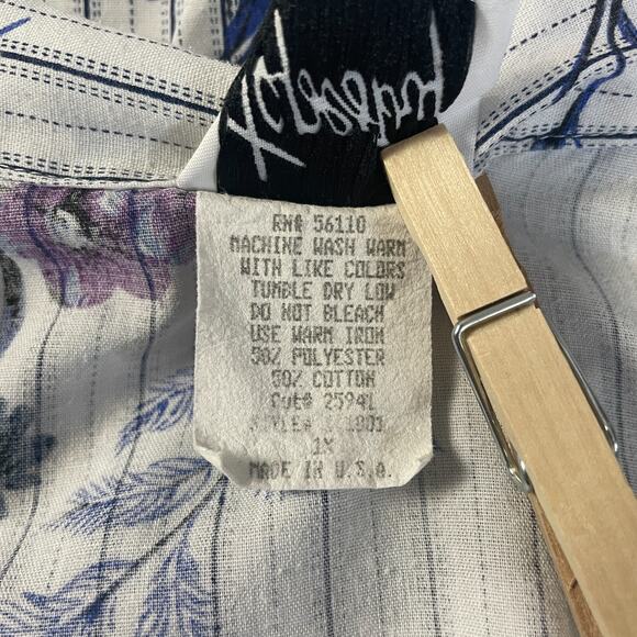 Vintage Top Plus Size 1X White Purple Floral Stripe Short Sleeve Casual Cottage - Picture 8 of 9